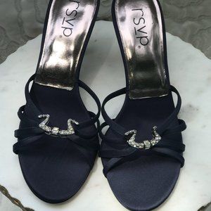 New RSVP Navy Satin Mule Heels sz10M